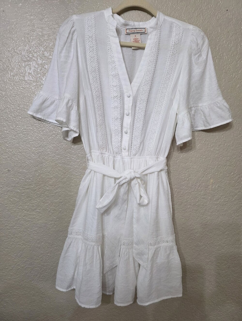 Flying Tomato Cotton White Lace-Detail Tie-Waist Mini Dress